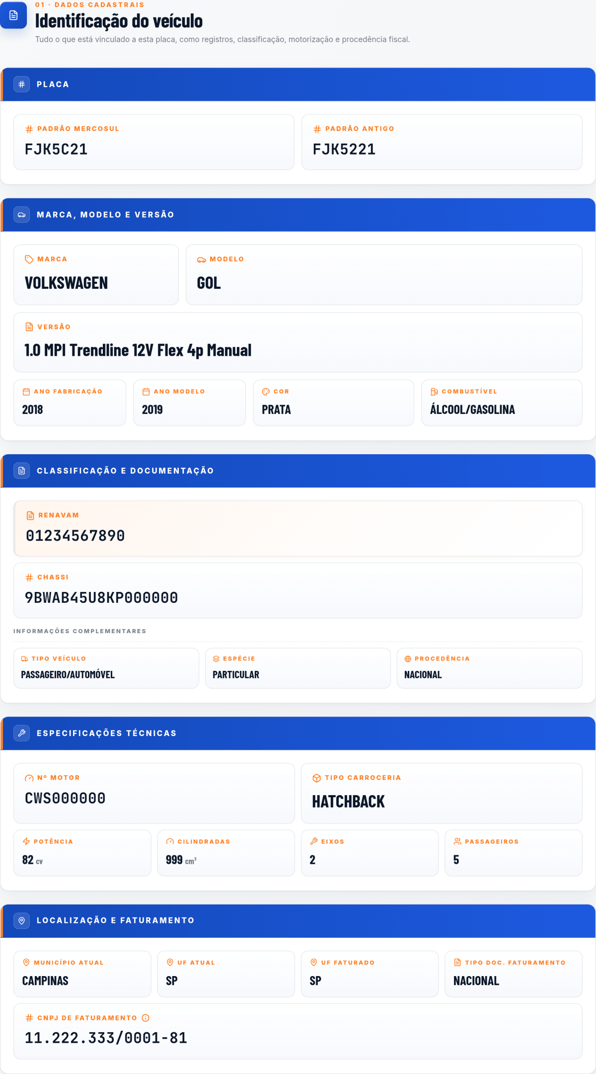 Seção de Identificação do veículo com dados completos do proprietário e situação legal do carro
