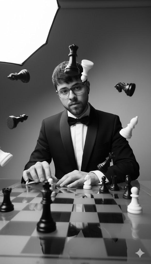 Retrato de un hombre jugando ajedrez, generado por IA.