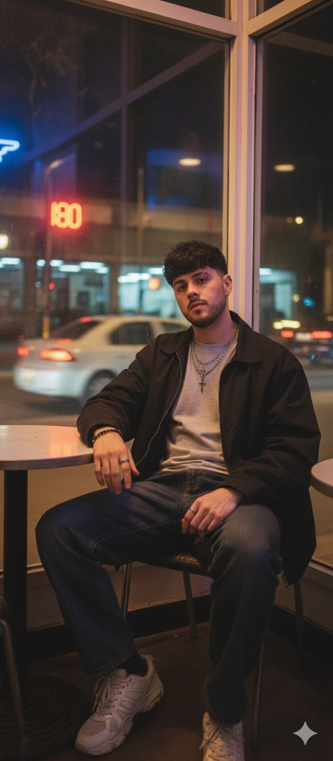Retrato de un hombre en un café de noche, con un estilo nostálgico de los 2000.