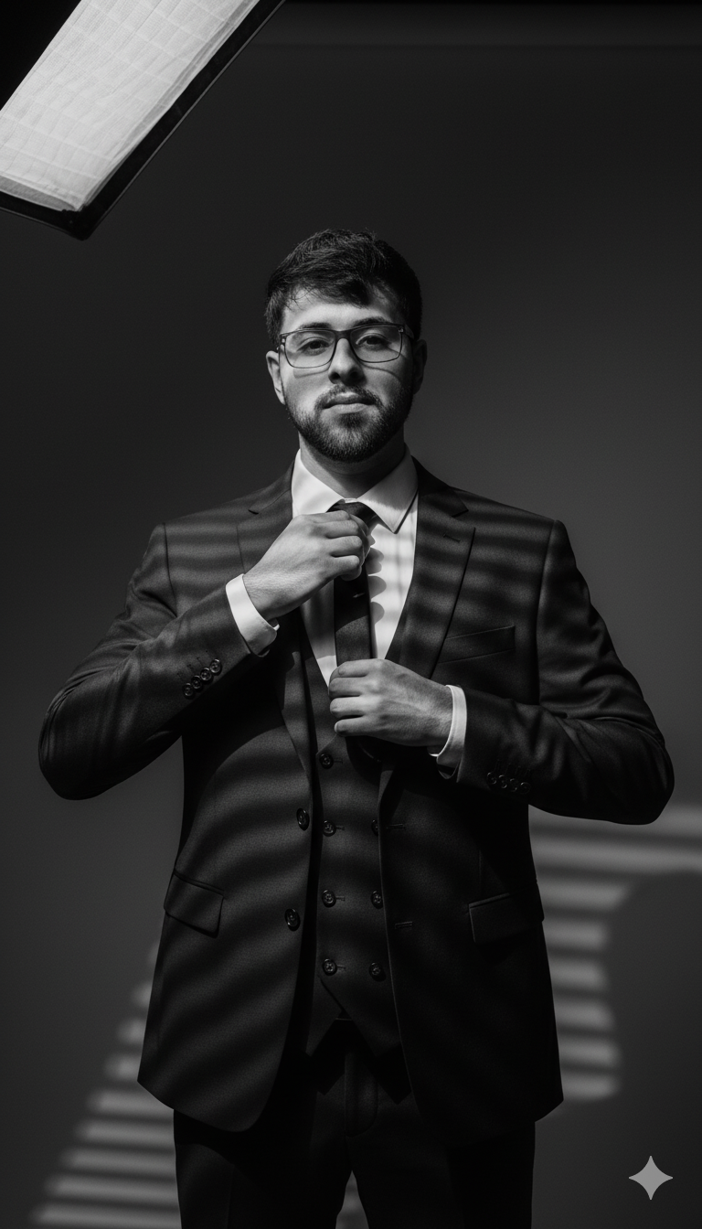 Retrato cinematográfico en blanco y negro de un hombre ajustándose la corbata.