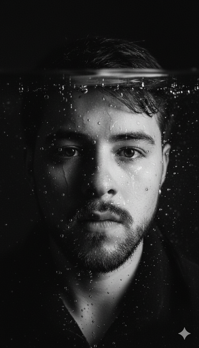 Retrato en blanco y negro de un rostro parcialmente sumergido en agua.