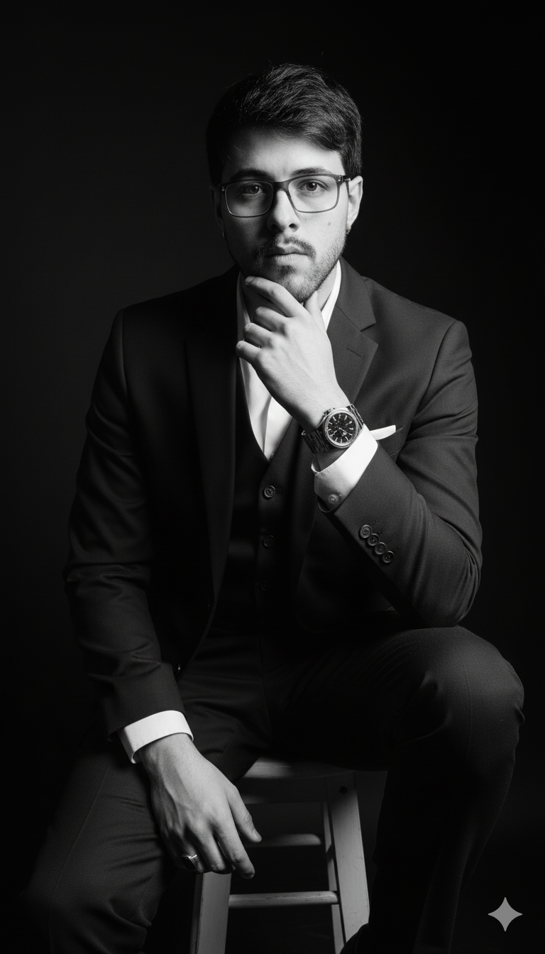 Hombre vestido de traje azul marino y camisa blanca abierta (sin corbata), sentado e inclinado ligeramente hacia adelante con los codos apoyados y las manos unidas en la "steeple pose" (dedos en triángulo).