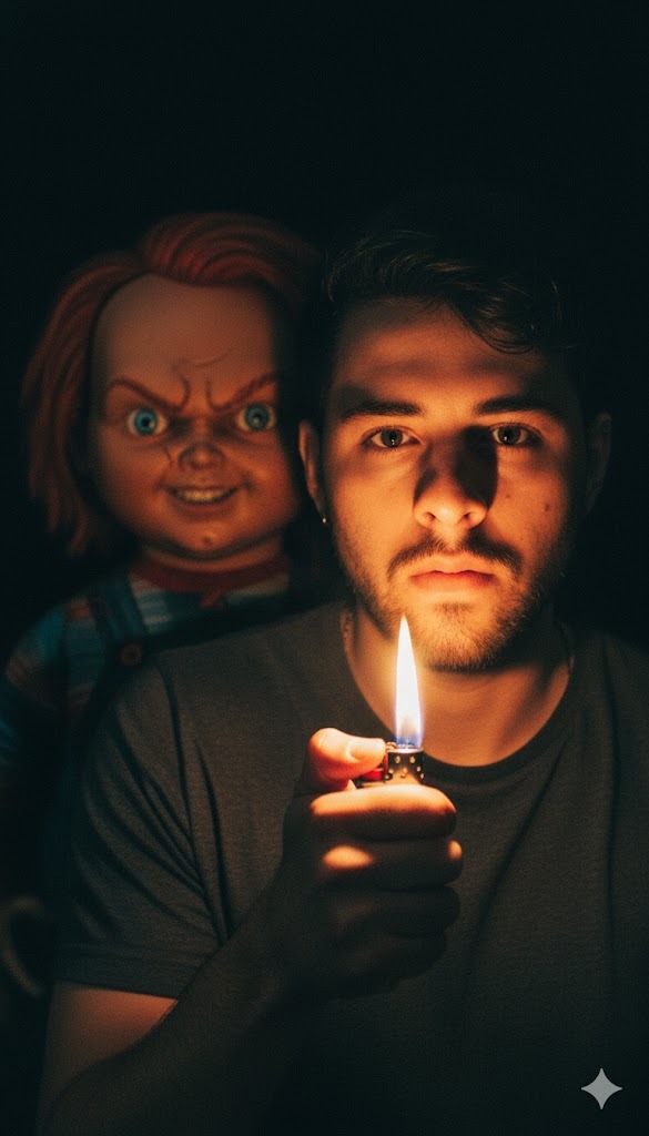 Retrato dramático con un encendedor y una figura espeluznante detrás.