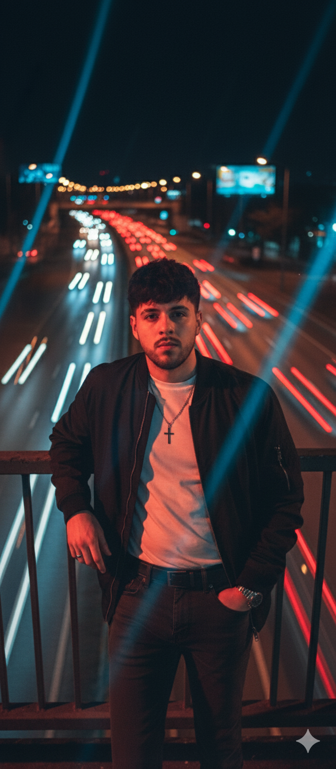 Figura en un paso elevado de noche, con luces de la ciudad desenfocadas.