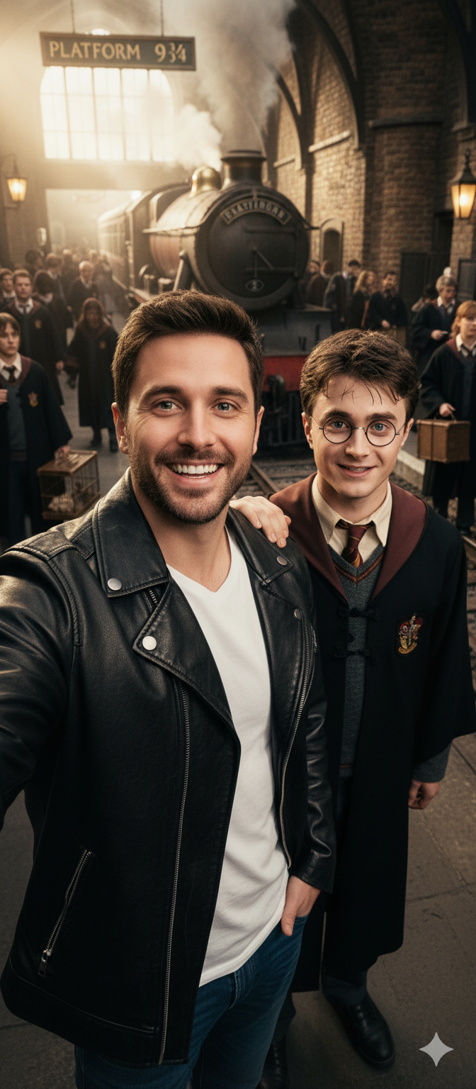 Selfie realista en la Plataforma 9 3/4 con Harry Potter.