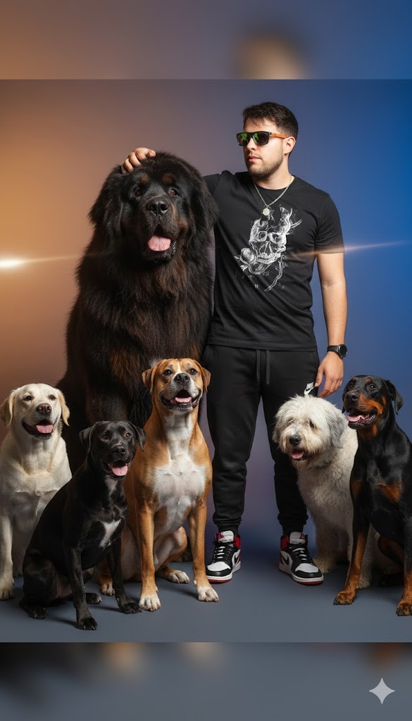 Retrato de un hombre rodeado de varios perros en un estudio fotográfico.