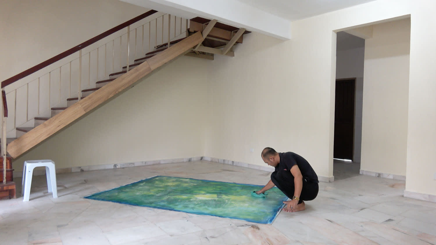 Untitled (with Mohammad Nor), 2016-present, acrylic on canvas, 173 x 236 cm; 4K Ultra HD video, 83 minutes; performance.