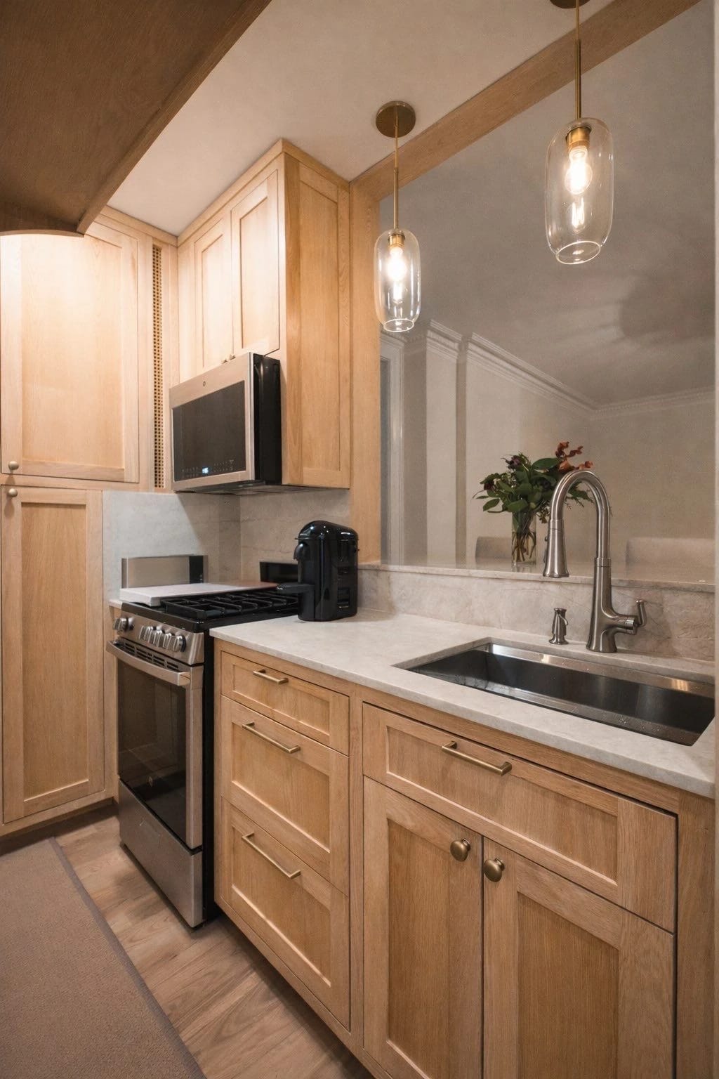 Custom wood kitchen cabinetry and sink in an Upper West Side apartment