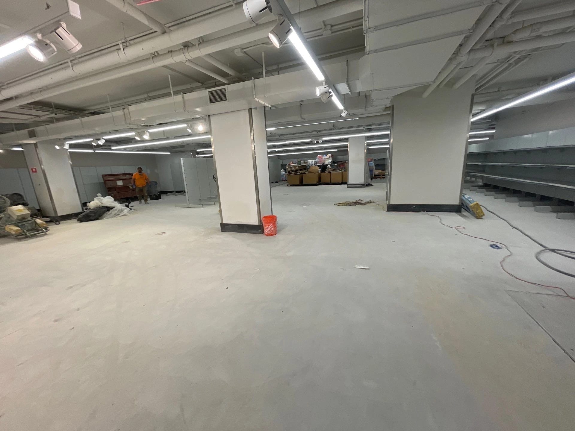 Open retail area with finished polished concrete flooring