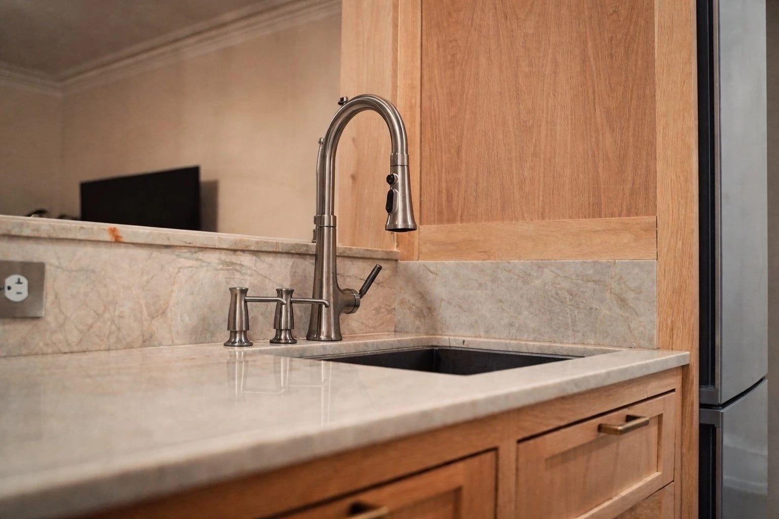 Kitchen faucet and stone countertop detail