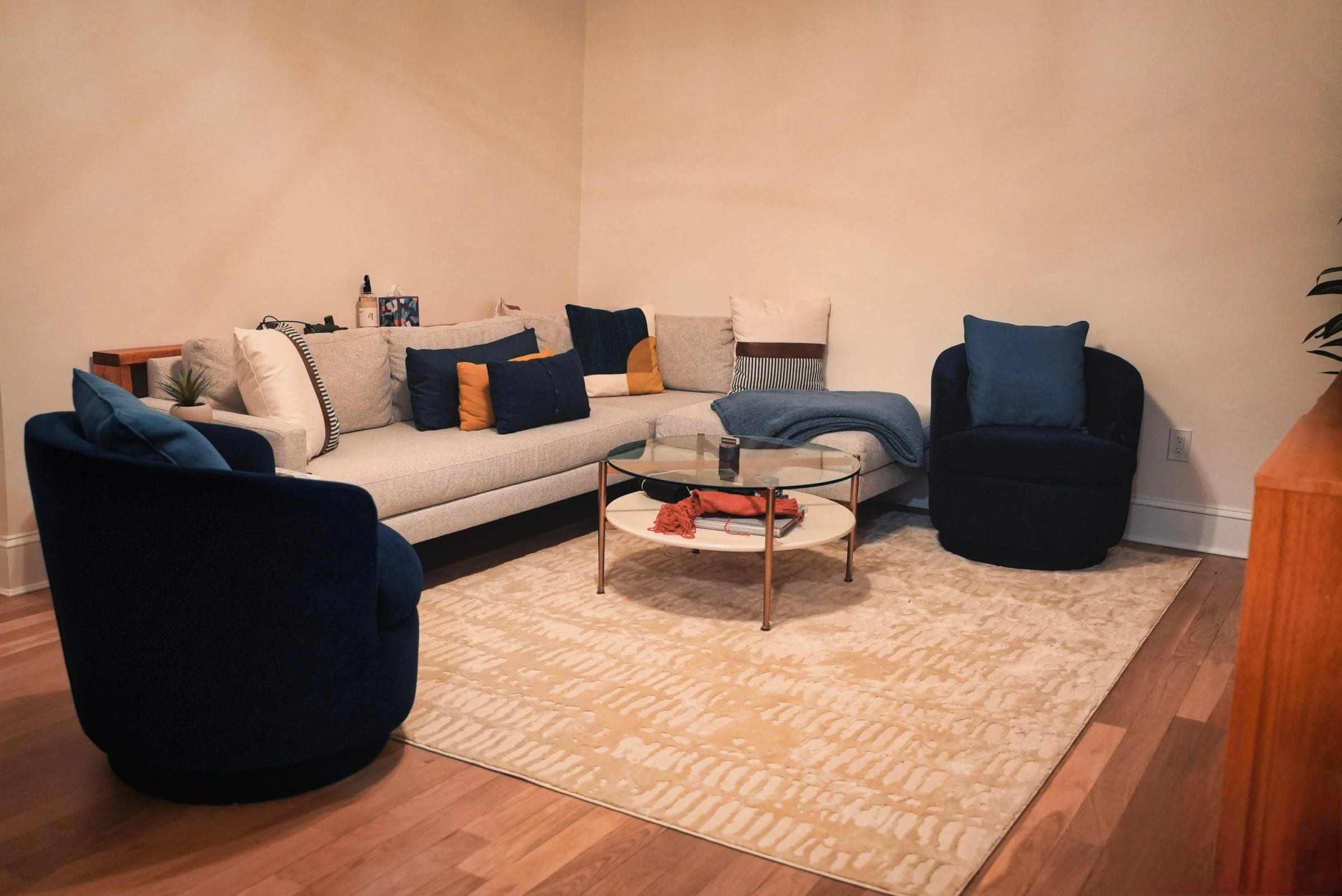 Finished living room with new hardwood flooring
