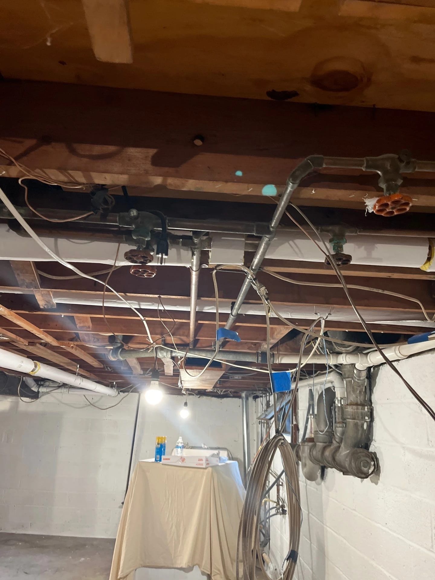 Exposed basement ceiling during renovation