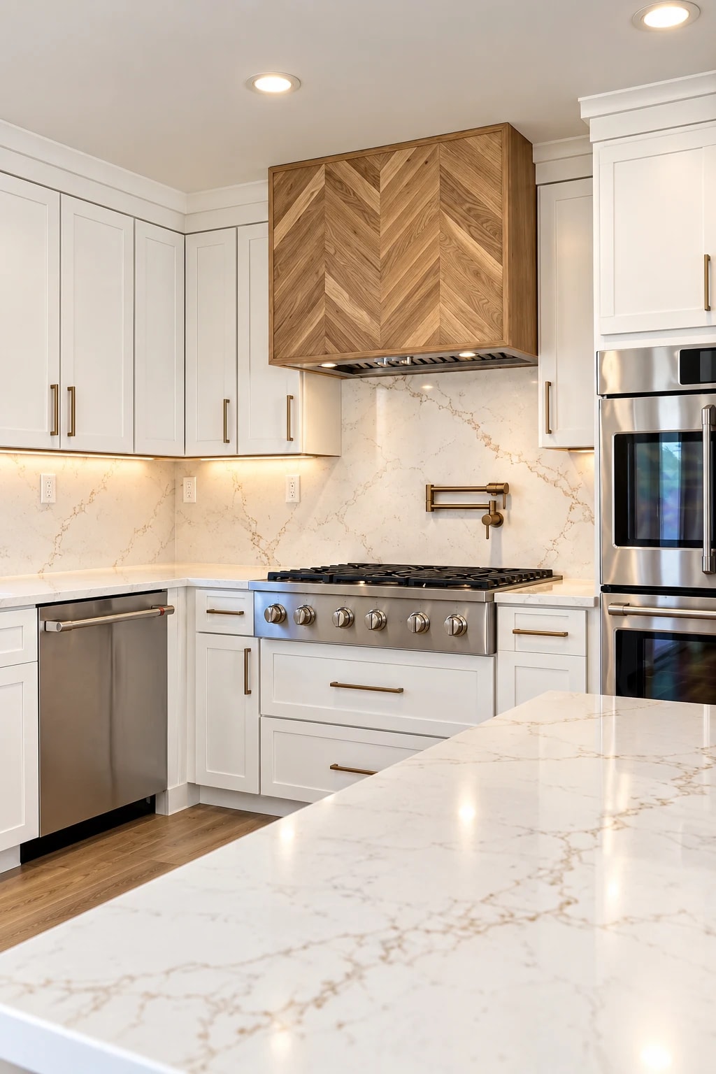 White kitchen shaker cabinetry and custom range hood