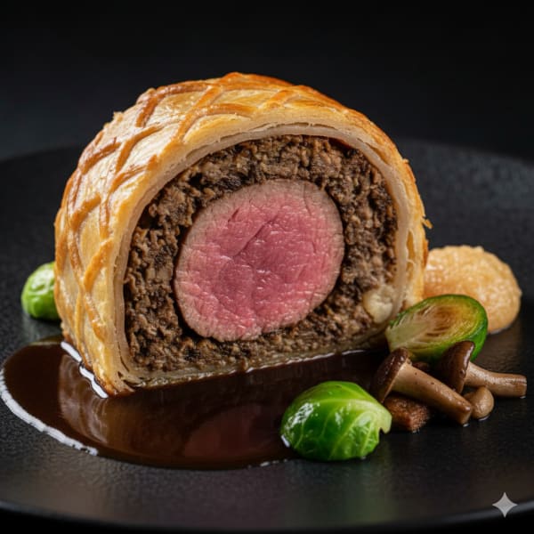 Slice of Veal Wellington revealing pink meat and mushroom duxelles, served with Brussels sprouts and sauce.