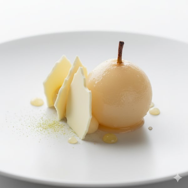 A white aesthetic dessert featuring poached pear, opalys chocolate ganache, and lemon cardamom gel.