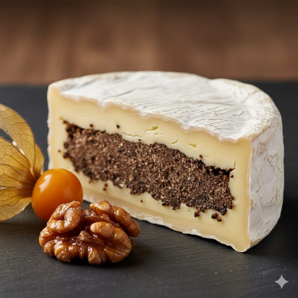 Wedge of Brie de Meaux filled with a layer of truffle mascarpone, served with walnut and physalis.
