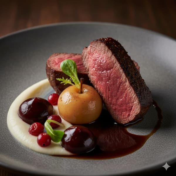 Pink roasted saddle of venison with celery purée, red cabbage dollops, and candied cranberries.