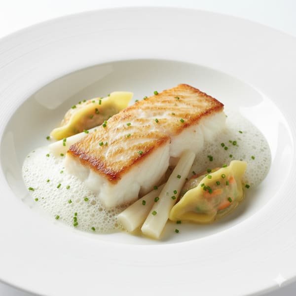 Pan-seared halibut fillet with salsify sticks, delicate ravioli, and a frothy lemongrass sauce.
