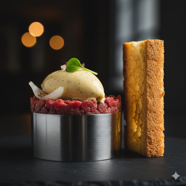 Hand-cut beef tartare topped with a quenelle of mustard ice cream, served with warm brioche.