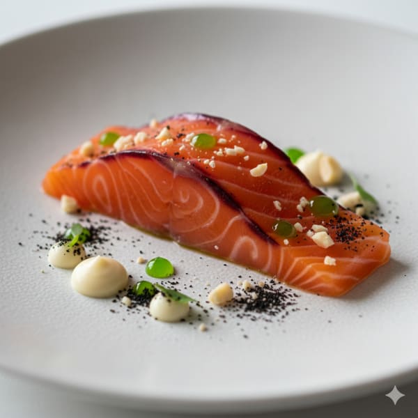 Vibrant beetroot-cured salmon slices arranged with parsnip purée, shaved macadamia, and nori dust.