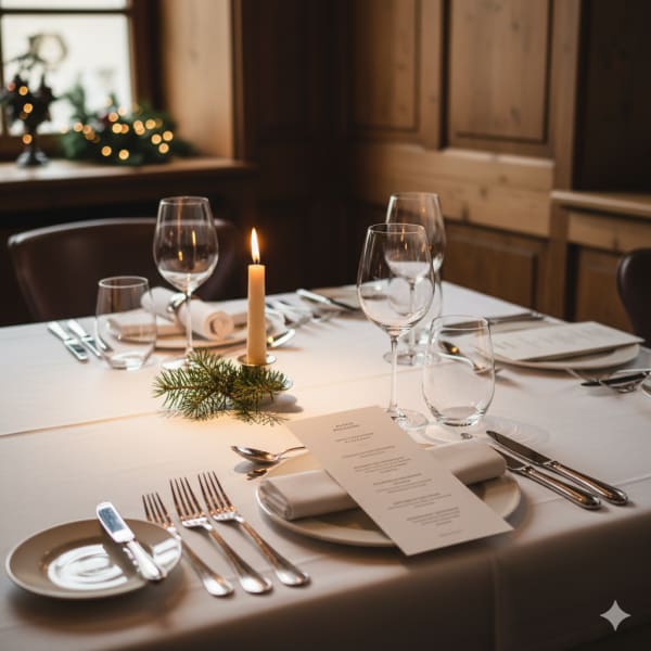 An elegant festive table setting at Gasthof Krone, hinting at the warmth and precision of the Christmas menu.