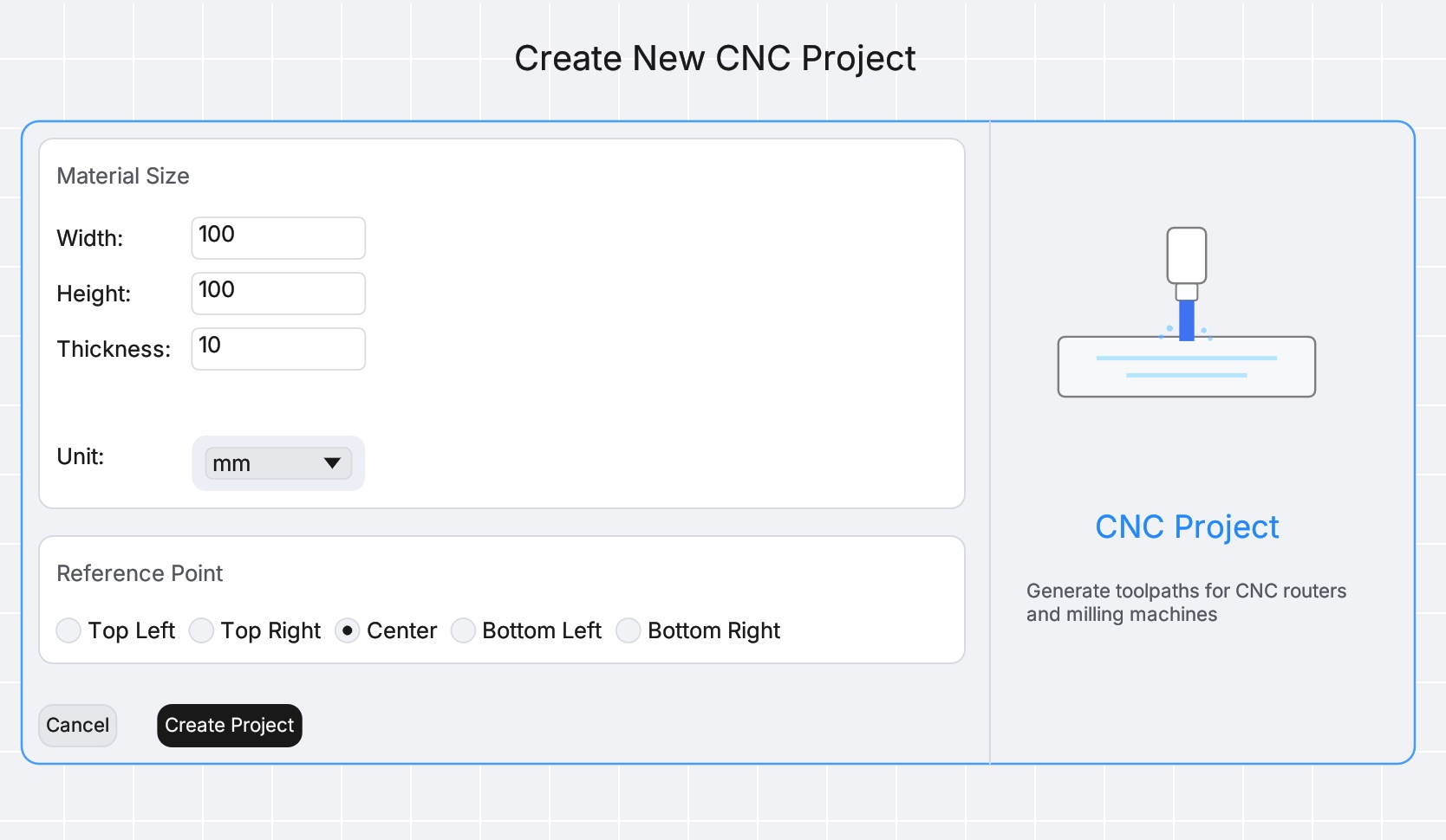 new cnc project screen options