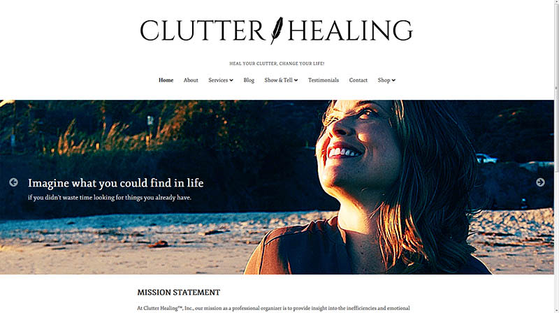 Screenshot of Clutter Healing website featuring image of woman in the sun.