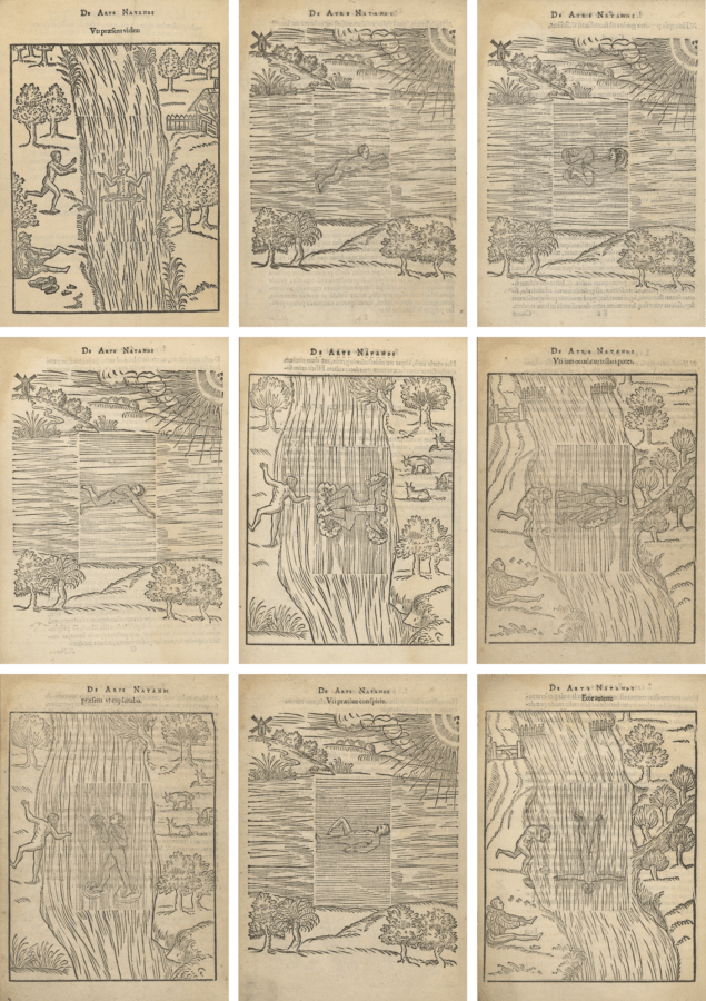 9 woodcut prints in black ink on paper, arranged in a 3x3 grid. Each image depicts a person in a body of water: standing, floating or swimming. 