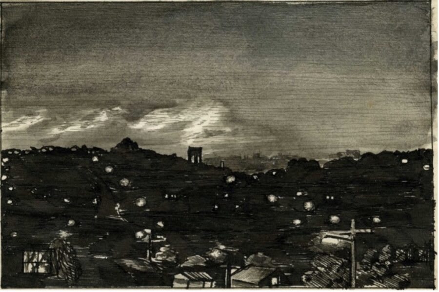 a drawing in black ink on paper; a dark panorama showing houses on a hill with some internal lights on, against a dark cloudy background. 