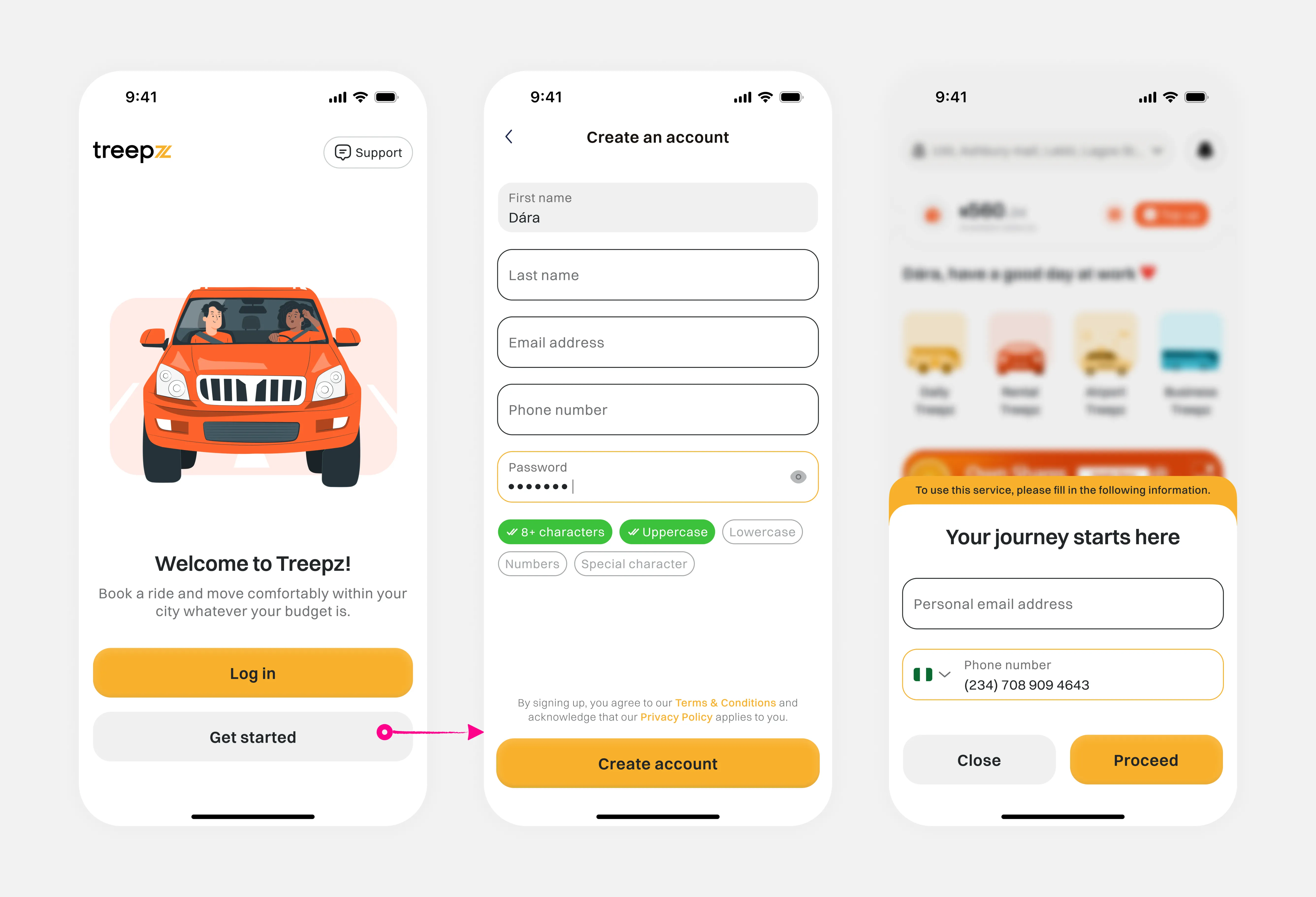 Treepz Super App onboarding flow screens