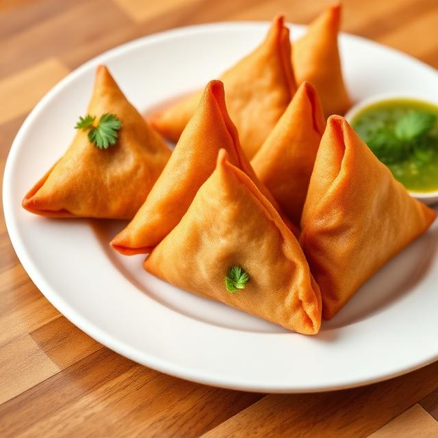 Crispy Samosa — Two crisp pastries filled with spiced potato and peas, serve