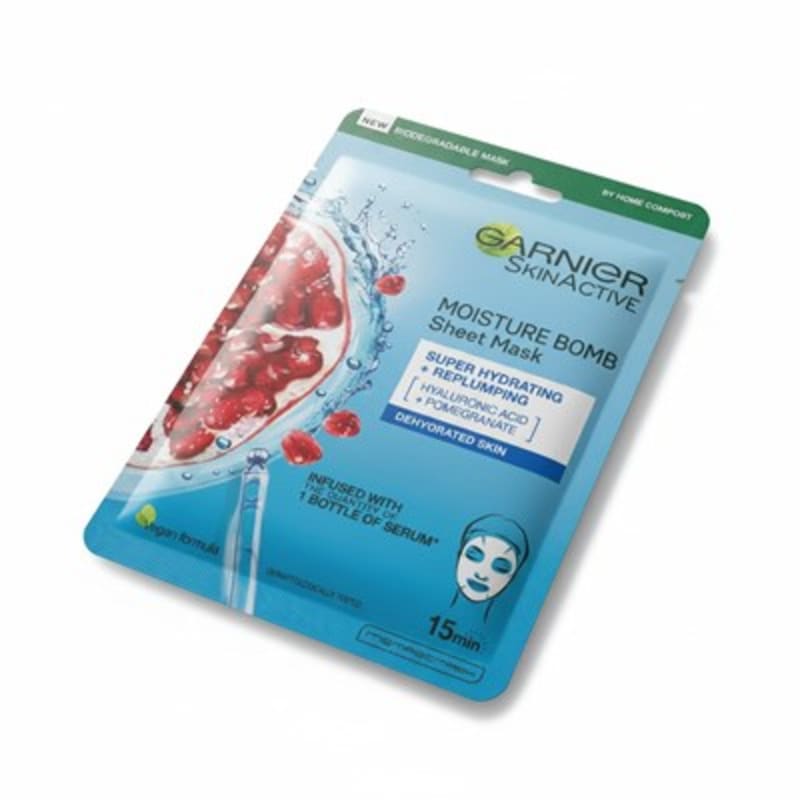 Garnier Moisture Bomb Pomegranate and Hyaluronic Acid Sheet Mask, Hydrating & Replumping, 28g