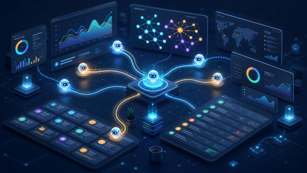 Abstract blue and cyan glass-like geometric shapes on a light background representing AI marketing workflows.
