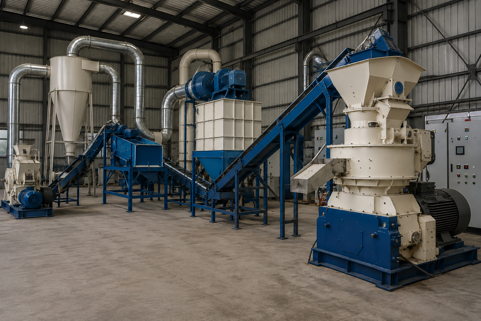 Biomass pellets being produced in a pellet mill
