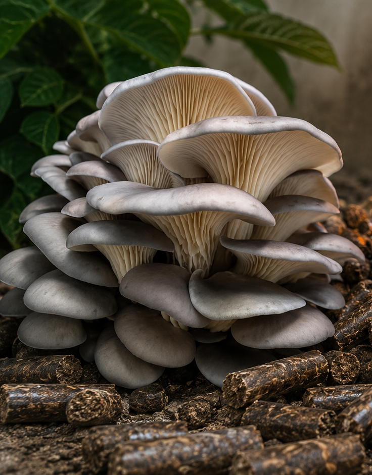 Oyster mushrooms fruiting from a straw-pellet substrate block