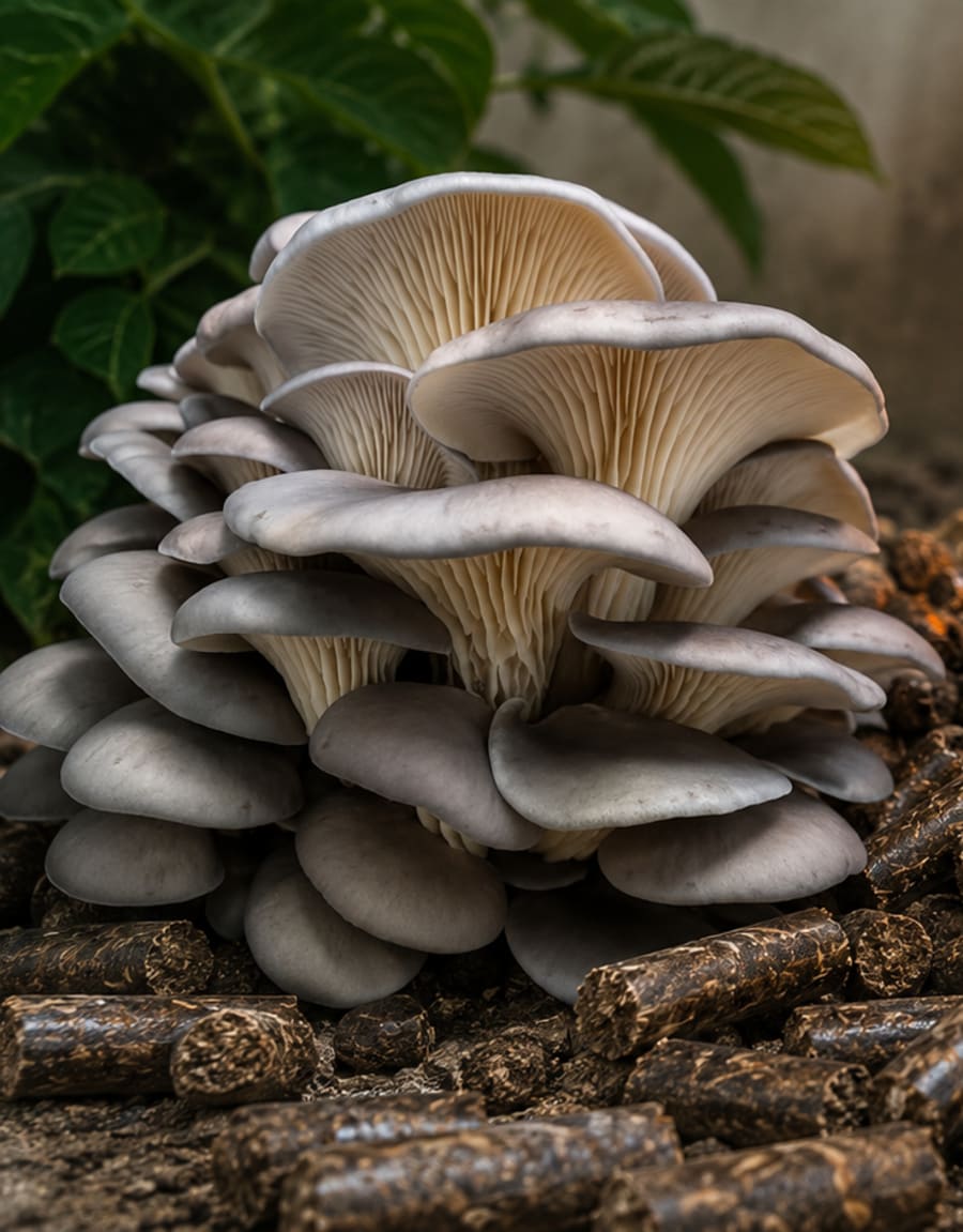 Oyster mushrooms fruiting from a straw-pellet substrate block