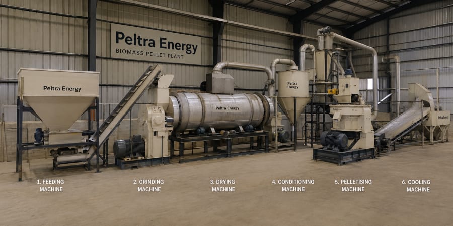 A biomass pellet plant production line