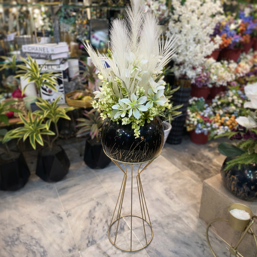 Black Bowl with Flower Arrangement & Metal Stand