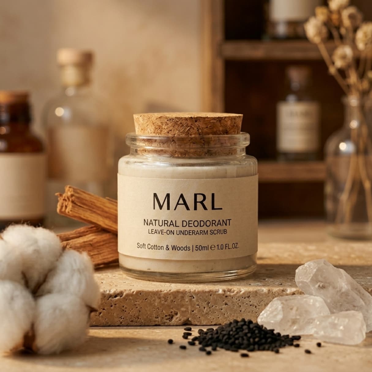MARL jar on travertine stone with cotton, cinnamon bark, alum crystals and black seeds