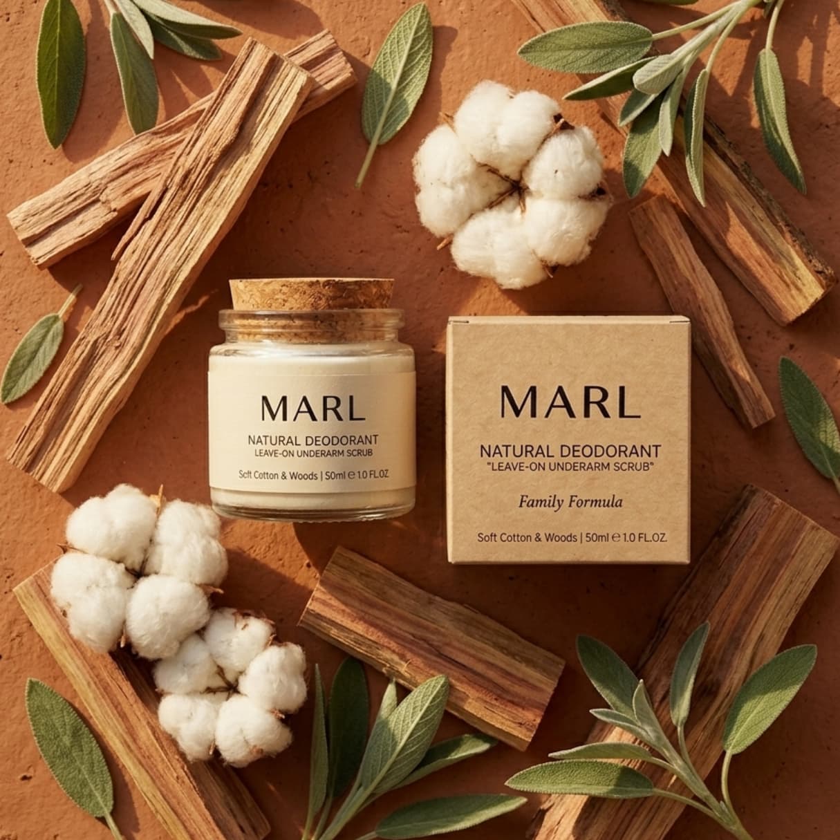 Flat lay of the MARL jar and box among cotton flowers, sandalwood and sage leaves