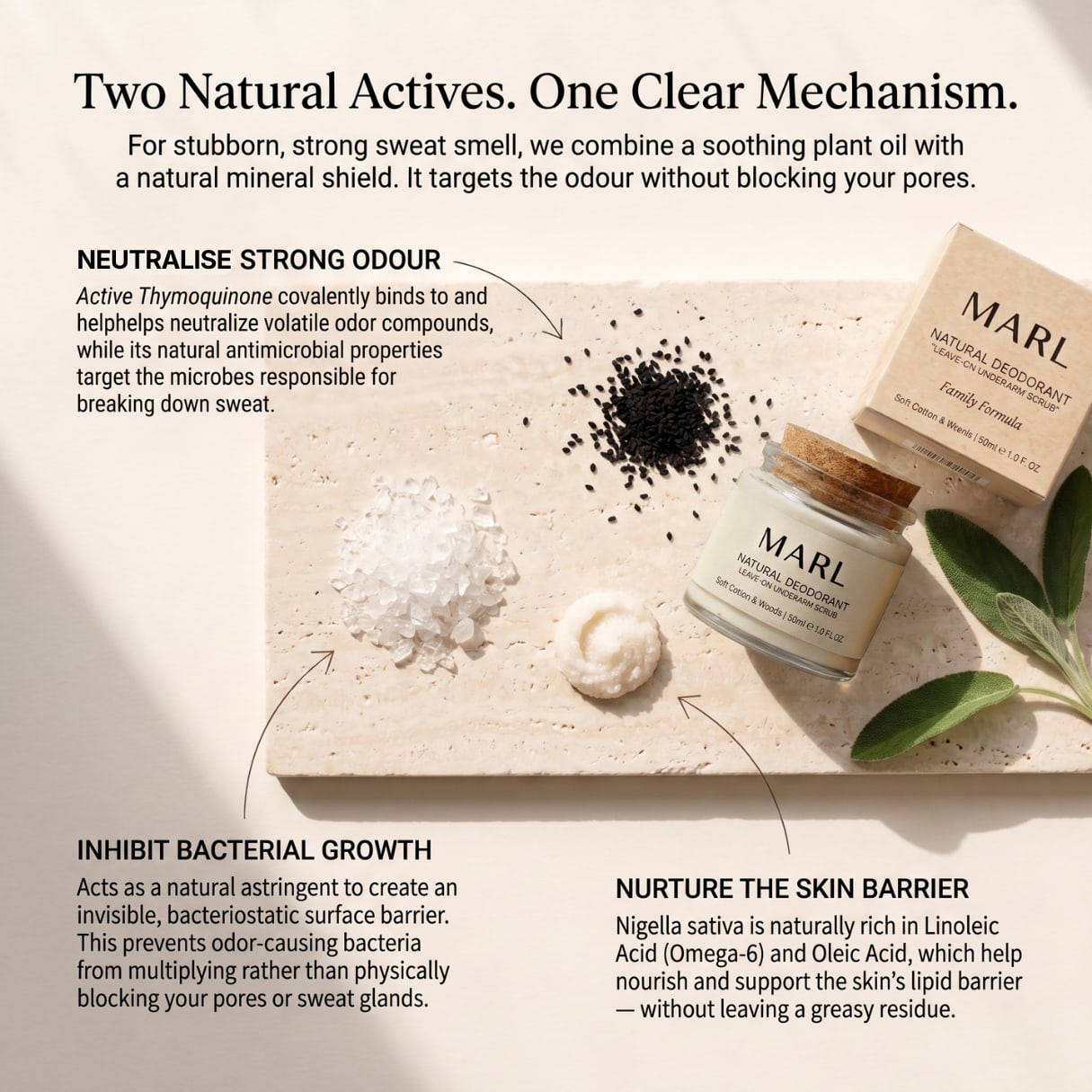 Two natural actives, one clear mechanism: black seed oil neutralises strong odour and nurtures the skin barrier while alum crystal inhibits bacterial growth