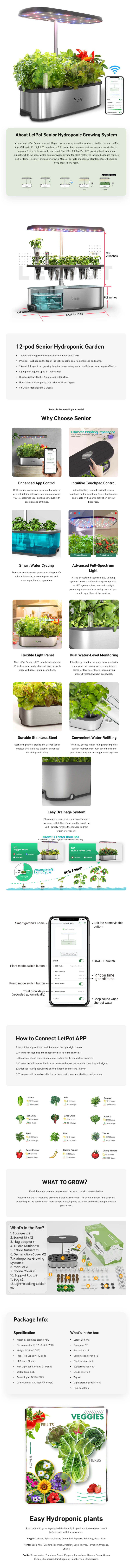 LetPot Senior 12 Pods Smart Hydroponic Growing System infographic