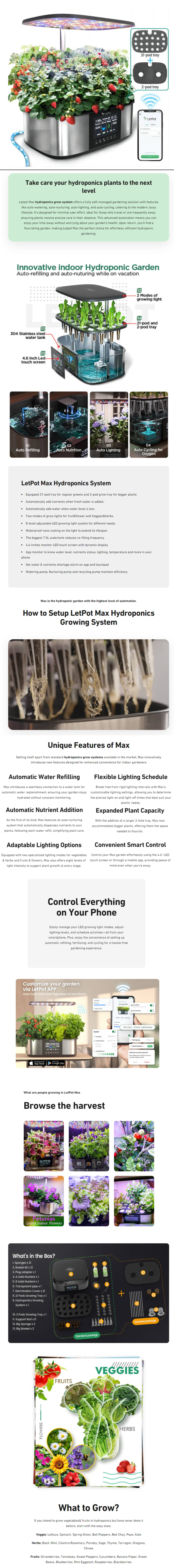 LetPot Max 21 Pods Automatic Hydroponics Growing System infographic