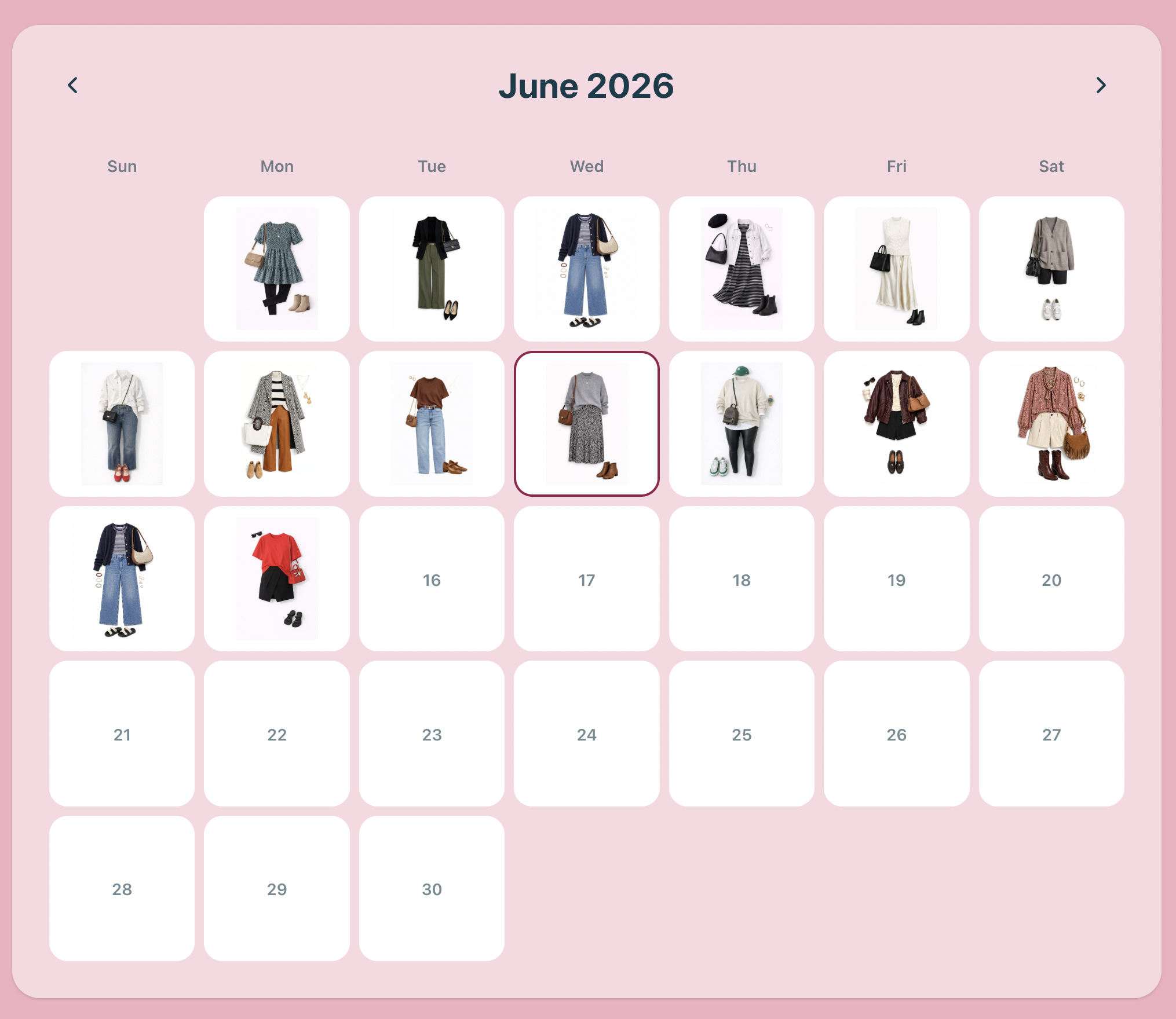 A month of planned outfits in the Build My Fit calendar