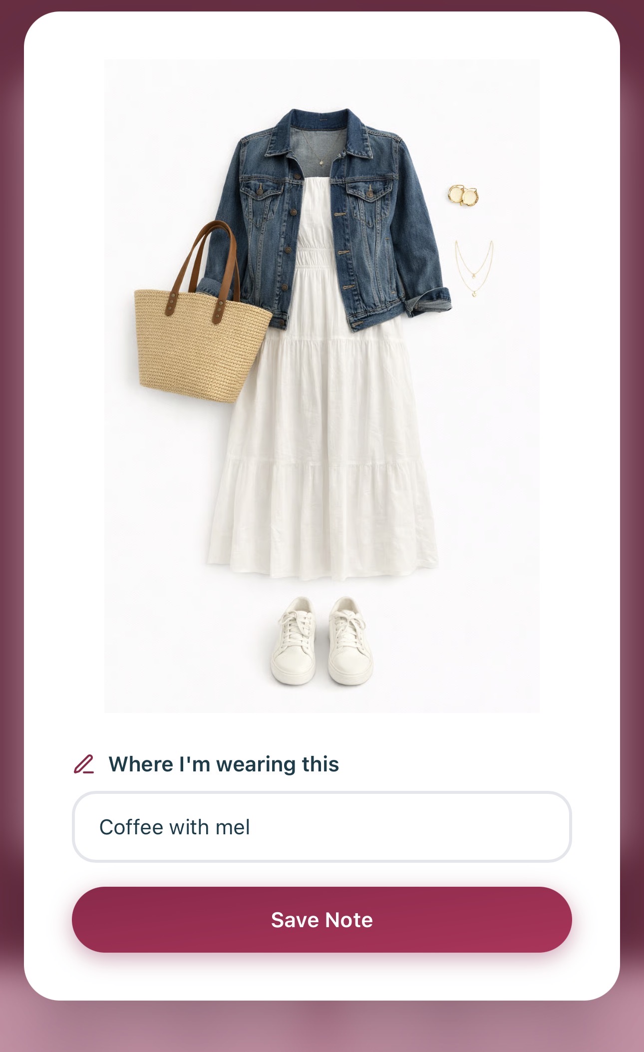 Outfit pinned to a day with a note