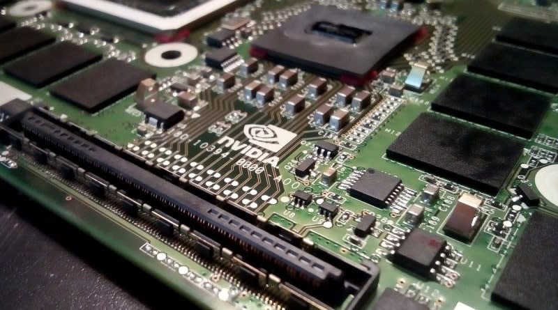 A Nvidia video card on a motherboard