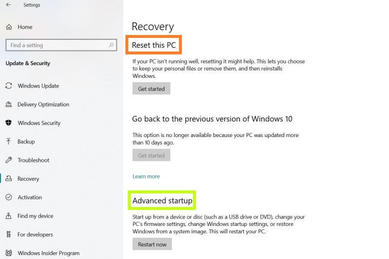 Windows recovery settings