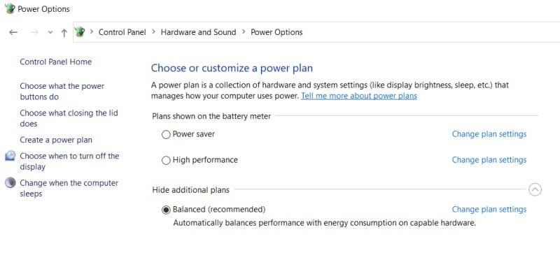 Windows control panel power settings