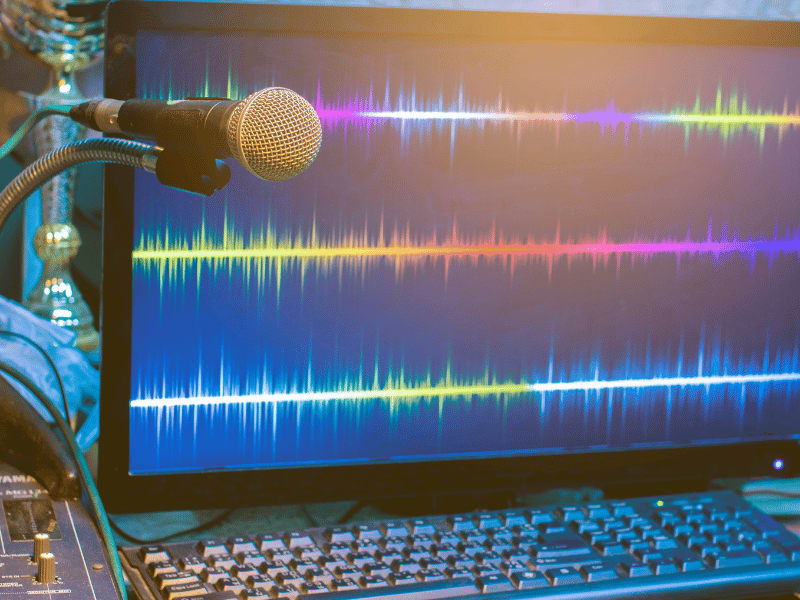 Microphone positioned in front of a monitor displaying colorful soundwaves, representing audio feedback analysis.