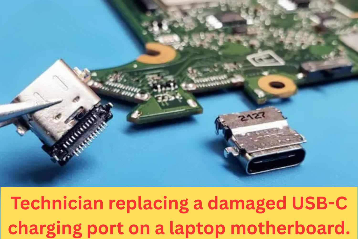 Close-up of a technician replacing a damaged USB-C charging port on a laptop motherboard using tweezers.